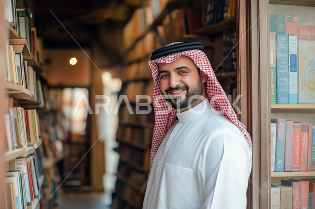 التزود بالعلم والمعرفة، قضاء وقت الفراغ بالتثقيف والتعلم، ممارسة هواية المطالعة, رجل عربي سعودي خليجي يرتدي الثوب التقليدي والشماغ يقف داخل المكتبة وينظر الى الكاميرا بايماءات السعادة والسرور، الكتب و الروايات على الرفوف، أماكن هادئة و مريحة للدراسة
