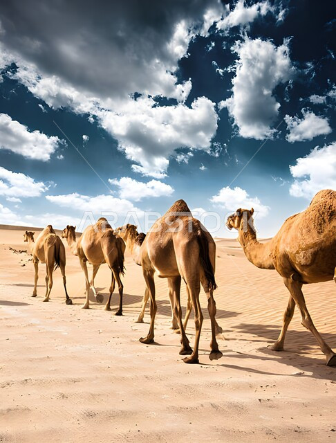 مجموعة من الجمال تسير فوق الكثبان الرملية في الصحراء، الرمال الذهبية الناعمة، استخدام الإبل للتنقل في صحارى المملكة العربية السعودية، الإهتمام في تربية ورعاية الحيوانات، أماكن سياحية صحراوية