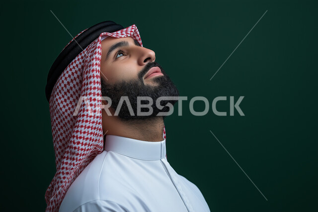 شرود الذهن والتأمل والتخطيط للمستقبل، التفكير لأيجاد حل مشكلة ما، مواجهة الصعاب والتحديات في الحياة العملية، بورتريه لرجل عربي خليجي سعودي يرتدي الثوب التقليدي والشماغ ينظر للأعلى بإيماءات التمعن والتركيز، خلفية زيتي 