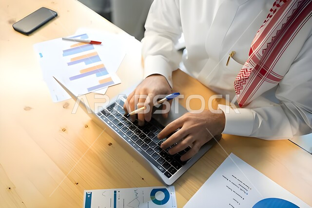 إعداد تقارير عن السوق المالي، متابعة مخطط الرسم البياني للنمو الاقتصادي، صورة علوية عامودية مقربة لموظف يرتدي الزي السعودي ينجز مهام العمل باستخدام الحاسوب، قسم التحليلات والإحصائيات البيانية، بيانات خسائر وارباح الشركة.