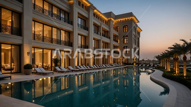 Interest in planting palm trees around the swimming pool, architectural art of a modern, bright, upscale hotel, tourist resorts and luxury hotels in the Kingdom of Saudi Arabia, attracting and attracting tourists from all over the world, family entertainment places for summer vacation