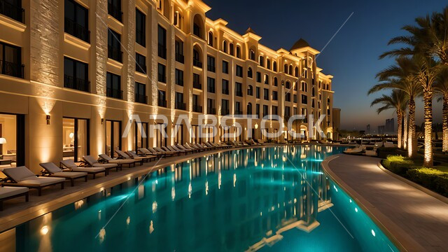 الاهتمام بزراعة أشجار النخيل حول حوض السباحة, الفن الهندسي المعماري لفندق راقي مضيء على الطراز الحديث, المنتجعات السياحية و الفنادق الفاخرة في المملكة العربية السعودية, جذب و استقطاب السياح من أنحاء العالم, أماكن ترفيهية عائلية لقضاء العطلة الصيفية