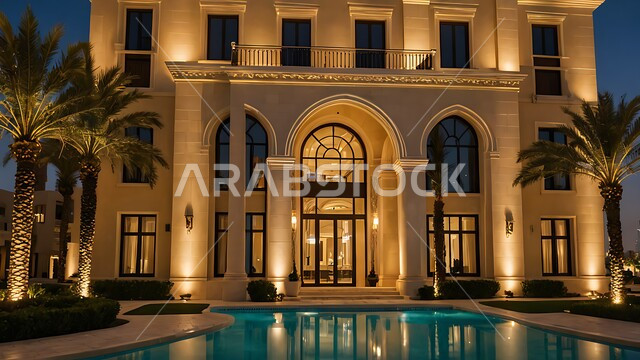 الاهتمام بزراعة أشجار النخيل حول حوض السباحة, الفن الهندسي المعماري لفندق راقي مضيء على الطراز الحديث, المنتجعات السياحية و الفنادق الفاخرة في المملكة العربية السعودية, جذب و استقطاب السياح من أنحاء العالم, أماكن ترفيهية عائلية لقضاء العطلة الصيفية