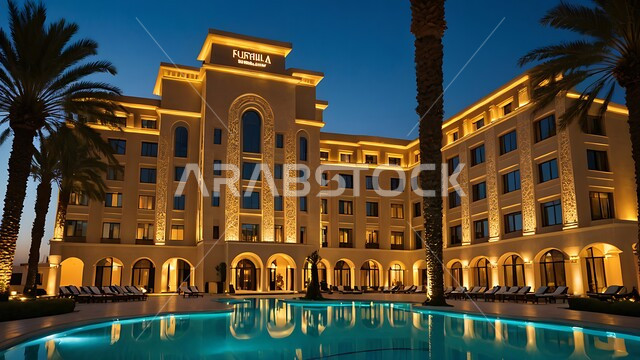 الاهتمام بزراعة أشجار النخيل حول حوض السباحة, الفن الهندسي المعماري لفندق راقي مضيء على الطراز الحديث, المنتجعات السياحية و الفنادق الفاخرة في المملكة العربية السعودية, جذب و استقطاب السياح من أنحاء العالم, أماكن ترفيهية عائلية لقضاء العطلة الصيفية