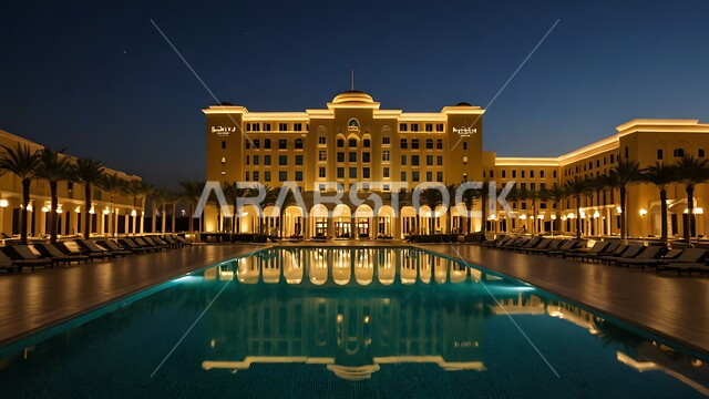 الاهتمام بزراعة أشجار النخيل حول حوض السباحة, الفن الهندسي المعماري لفندق راقي مضيء على الطراز الحديث, المنتجعات السياحية و الفنادق الفاخرة في المملكة العربية السعودية, جذب و استقطاب السياح من أنحاء العالم, أماكن ترفيهية عائلية لقضاء العطلة الصيفية