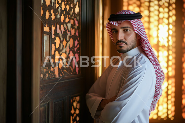 النظر إلى الكاميرا بإيماءات الثقة والجدية, شاب عربي سعودي خليجي يرتدي الثوب التقليدي والشماغ يقف باستقامة بايدي متقاطعة، الاهتمام بالأناقة والمظهر الخارجي، مفهوم الهيبة والرجولة والقوة