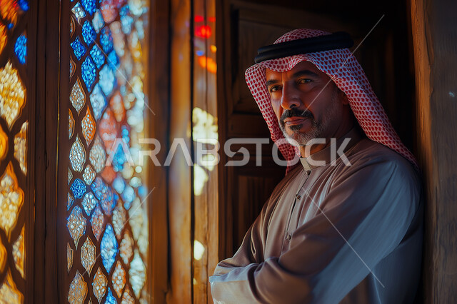 مفهوم الهيبة والرجولة والقوة, النظر إلى الكاميرا بإيماءات الثقة والجدية, رجل عربي سعودي خليجي يرتدي الثوب التقليدي والشماغ يقف باستقامة بايدي متقاطعة، الاهتمام بالأناقة والمظهر الخارجي