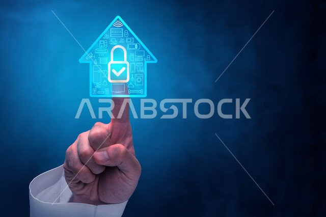 صورة مقربة  ليد رجل خليجي سعودي، يضغط بأصبعه  لفك قفل الامان، الدخول الامن، بيوت ذكية، الامان للمنزل، حماية المنازل