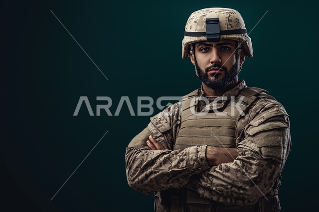 الوقوف بأيدي متقاطعة بايماءات الجدية، بورتريه مقرب لجندي عربي خليجي سعودي يرتدي الزي العسكري، الحفاظ على الأمن والأمان، الدفاع عن الوطن، القوات المسلحه في المملكة العربية السعوديه، قوات التدخل السريع، خلفية زيتي