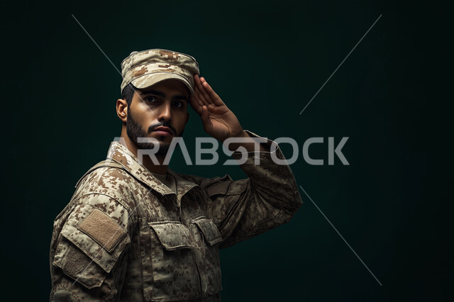 قوات التدخل السريع، الوقوف باستقامة واستعداد وانضباط، بورتريه مقرب لجندي عربي خليجي سعودي يرتدي الزي العسكري ويلقي التحية العسكرية، الحفاظ على الأمن والأمان، الدفاع عن الوطن، القوات المسلحه في المملكة العربية السعوديه، خلفية زيتي