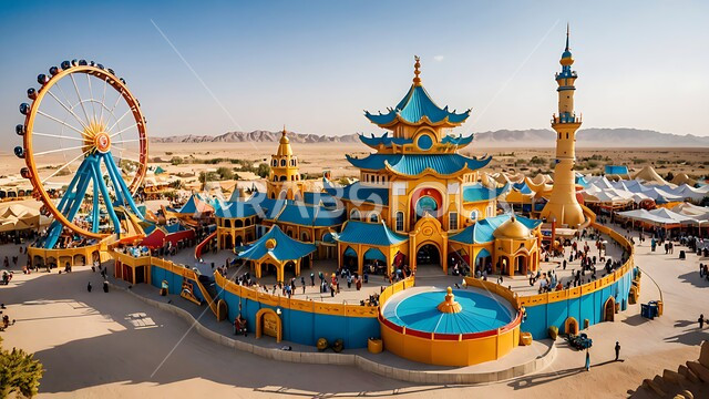 Dragon Ball Theme Park in Qiddiya during the day, famous landmarks and tourist places, a park inspired by cartoon characters, entertaining events in parks in the Kingdom of Saudi Arabia, fun recreational activities for children, attracting and attracting tourists from all over the world