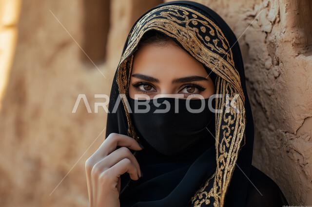 ابراز الجمال السعودي بحجابات وملابس عصريه باللون الاسود، مفهوم الأنوثة والنعومة، الاهتمام بالأناقة والمظهر الخارجي، صورة  مقربة لإمرأة عربية خليجية سعودية ترتدي عباءة مطرزة والبرقع، النظر إلى الكاميرا بايماءات الثقة