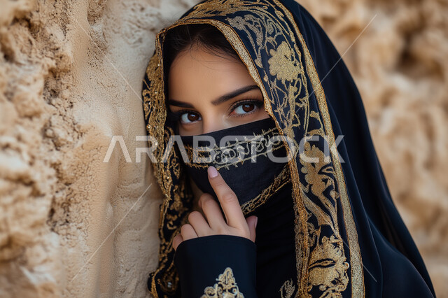 النظر إلى الكاميرا بايماءات الثقة، ابراز الجمال السعودي بحجابات وملابس عصريه باللون الاسود، مفهوم الأنوثة والنعومة، الاهتمام بالأناقة والمظهر الخارجي، صورة  مقربة لإمرأة عربية خليجية سعودية ترتدي عباءة مطرزة والبرقع