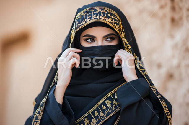 مفهوم الأنوثة والنعومة، الاهتمام بالأناقة والمظهر الخارجي، صورة  مقربة لإمرأة عربية خليجية سعودية ترتدي عباءة مطرزة والبرقع، النظر إلى شيء ما بايماءات الثقة، ابراز الجمال السعودي بحجابات وملابس عصريه باللون الاسود