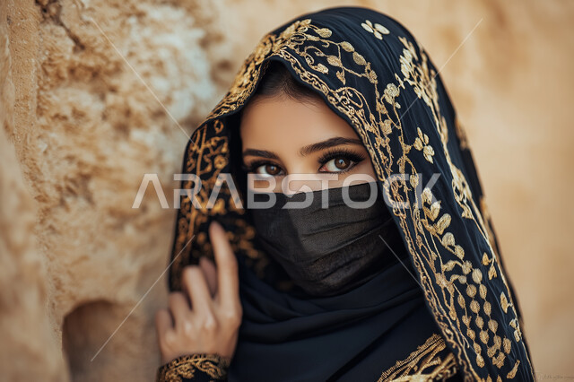 الاهتمام بالأناقة والمظهر الخارجي، صورة  مقربة لإمرأة عربية خليجية سعودية ترتدي عباءة مطرزة والبرقع، النظر إلى الكاميرا بايماءات الثقة، ابراز الجمال السعودي بحجابات وملابس عصريه باللون الاسود، مفهوم الأنوثة والنعومة