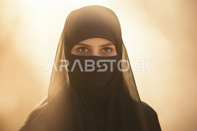 مفهوم الأنوثة والنعومة، الاهتمام بالأناقة والمظهر الخارجي، بورتريه مقرب لإمرأة عربية خليجية سعودية ترتدي العباءة والبرقع، النظر إلى الكاميرا ما بايماءات الثقة، ابراز الجمال السعودي بحجابات وملابس عصريه باللون الاسود, خلفية برتقالية