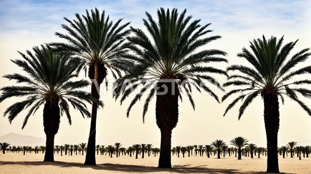 منظرالسماء المليئة الغيوم البيضاء وقت النهار، محمية طبيعية لزراعة أشجار النخيل, المزراع والحقول والاراضي الزراعية في المناطق الصحراوية, المناظر الطبيعية المتميزة في المملكة العربية السعودية، منتجات ومحاصيل محلية وطنية, موسم الحصاد وجني التمور