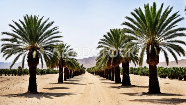منظرالسماء المليئة الغيوم البيضاء وقت النهار، محمية طبيعية لزراعة أشجار النخيل, المزراع والحقول والاراضي الزراعية في المناطق الصحراوية, المناظر الطبيعية المتميزة في المملكة العربية السعودية، منتجات ومحاصيل محلية وطنية, موسم الحصاد وجني التمور