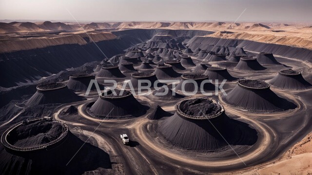 Rocky nature and terrain of mountain ranges, highlands and mountain peaks in Saudi Arabia, disposal of soil and rocks and transporting them away, a group of large freight vehicles working at the mining site, natural coal mine locations, areas for prospecting for underground resources  Huge quantities of national coal production, Arab natural coal mines, areas for prospecting for underground resources, rocky nature and terrain of mountain ranges, highlands and mountain peaks in Saudi Arabia