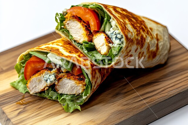 المأكولات العربية الشرقية، صورة مقربة لساندويش شاورما الدجاج مع الخضراوات الطازجة، وجبات الطعام السريعة الشهية، فنون التقديم في مطاعم وطابخ المملكة العربية السعودية، وصفات وأطعمة متميزة, خلفية بيضاء