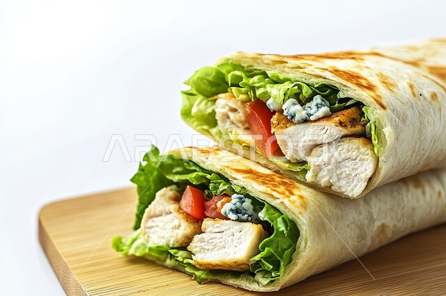 Eastern Arab food, a close-up of a chicken shawarma sandwich with fresh vegetables, delicious fast food meals, presentation arts in restaurants and kitchens in the Kingdom of Saudi Arabia, distinct recipes and foods, white background