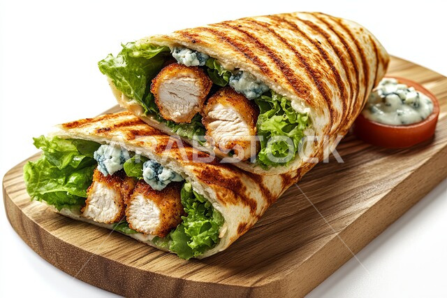 Eastern Arab food, a close-up of a chicken shawarma sandwich with fresh vegetables, delicious fast food meals, presentation arts in restaurants and kitchens in the Kingdom of Saudi Arabia, distinct recipes and foods, white background