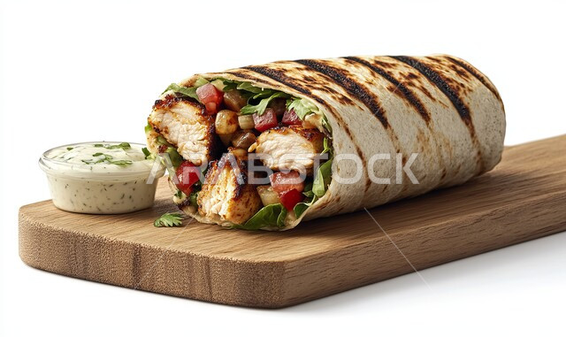 المأكولات العربية الشرقية، صورة مقربة لساندويش شاورما الدجاج مع الخضراوات الطازجة، وجبات الطعام السريعة الشهية، فنون التقديم في مطاعم وطابخ المملكة العربية السعودية، وصفات وأطعمة متميزة, خلفية بيضاء