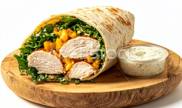 المأكولات العربية الشرقية، صورة مقربة لساندويش شاورما الدجاج مع الخضراوات الطازجة، وجبات الطعام السريعة الشهية، فنون التقديم في مطاعم وطابخ المملكة العربية السعودية، وصفات وأطعمة متميزة, خلفية بيضاء