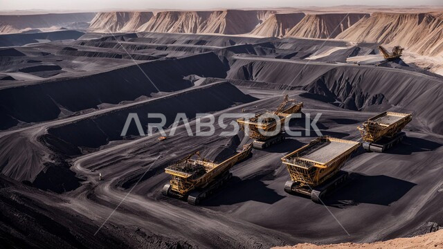 أماكن مناجم الفحم الطبيعي، مناطق التنقيب عن الثروات الباطنية، الطبيعة الصخرية وتضاريس السلاسل الجبلية، المرتفعات وقمم الجبال في المملكة العربية السعودية، التخلص من الأتربة والصخور ونقلها بعيدا، مجموعة من سيارات الشحن الكبيرة تقوم بالعمل في موقع التعدين