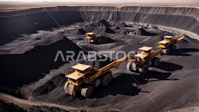 مجموعة من سيارات الشحن الكبيرة تقوم بالعمل في موقع التعدين، أماكن مناجم الفحم الطبيعي، مناطق التنقيب عن الثروات الباطنية، الطبيعة الصخرية وتضاريس السلاسل الجبلية، المرتفعات وقمم الجبال في المملكة العربية السعودية، التخلص من الأتربة والصخور ونقلها بعيدا