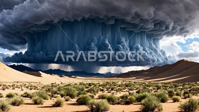 التشكلات والتكوينات الرملية، الظواهر والكوارث الطبيعية، الجو الهائج المحمل بالغبار والأتربة في صحاري السعودية، عاصفة من الرياح تضرب الصحراء، الزوايع الغبارية القوية، نمو النباتات والشوكيات البرية في الأراضي الصحراوية، منظر السماء الممتلئة بالغيوم الداكنة