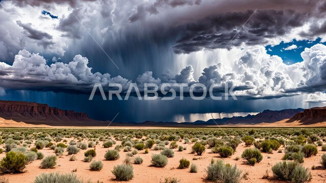 The growth of wild plants and thorns in the desert lands, the view of the sky filled with dark clouds, sand formations and structures, natural phenomena and disasters, the raging atmosphere laden with dust and dirt in the deserts of Saudi Arabia, a windstorm hitting the desert, strong dust storms