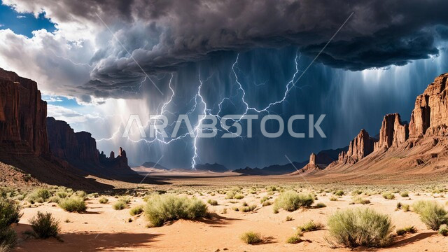 الزوايع الغبارية القوية، نمو النباتات والشوكيات البرية في الأراضي الصحراوية، منظر السماء الممتلئة بالغيوم الداكنة، التشكلات والتكوينات الرملية، الظواهر والكوارث الطبيعية، الجو الهائج المحمل بالغبار والأتربة في صحاري السعودية، عاصفة من الرياح تضرب الصحراء