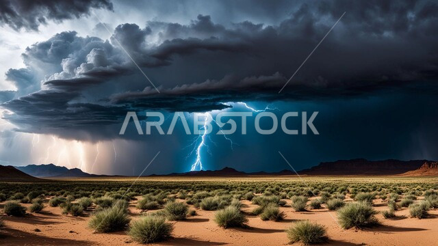 عاصفة من الرياح تضرب الصحراء، الزوايع الغبارية القوية، نمو النباتات والشوكيات البرية في الأراضي الصحراوية، منظر السماء الممتلئة بالغيوم الداكنة، التشكلات والتكوينات الرملية، الظواهر والكوارث الطبيعية، الجو الهائج المحمل بالغبار والأتربة في صحاري السعودية