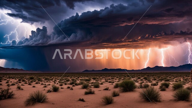 الجو الهائج المحمل بالغبار والأتربة في صحاري السعودية، عاصفة من الرياح تضرب الصحراء، الزوايع الغبارية القوية، نمو النباتات والشوكيات البرية في الأراضي الصحراوية، منظر السماء الممتلئة بالغيوم الداكنة، التشكلات والتكوينات الرملية، الظواهر والكوارث الطبيعية