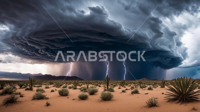 الظواهر والكوارث الطبيعية، الجو الهائج المحمل بالغبار والأتربة في صحاري السعودية، عاصفة من الرياح تضرب الصحراء، الزوايع الغبارية القوية، نمو النباتات والشوكيات البرية في الأراضي الصحراوية، منظر السماء الممتلئة بالغيوم الداكنة، التشكلات والتكوينات الرملية