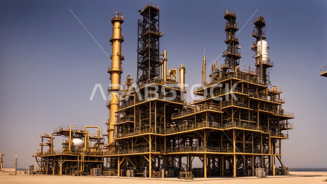 مصفاة نفط على الرمال الذهبية الناعمة، مناخ قاسي وجاف، اعتماد التقنيات والتكنولوجيا الحديثة في إنتاجية النفط والغاز، صناعات ومشاريع بيتروكيماوية، ادوات ومعدات ضخمة وحديثة، التطور الهندسي والعمراني لمصافي البترول في المملكة العربية السعودية