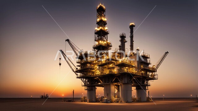 مفهوم هندسة البترول في دول الخليج، إضاءة الأبراج والهياكل المعدنية وقت الغروب، مستودعات وخزانات كبيرة وضخمة في المناطق الصحراوية، المشاريع البتروكيماوية المساهمة في نهضة الاقتصاد الوطني السعودي، مصانع ومعامل النفط في المملكة العربية السعودية، مصفاة تكرير الغاز