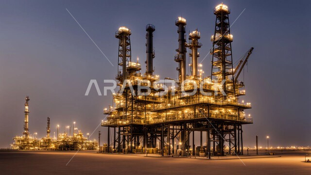مصفاة تكرير الغاز، مفهوم هندسة البترول في دول الخليج، إضاءة الأبراج والهياكل المعدنية وقت الغروب، مستودعات وخزانات كبيرة وضخمة في المناطق الصحراوية، المشاريع البتروكيماوية المساهمة في نهضة الاقتصاد الوطني السعودي، مصانع ومعامل النفط في المملكة العربية السعودية