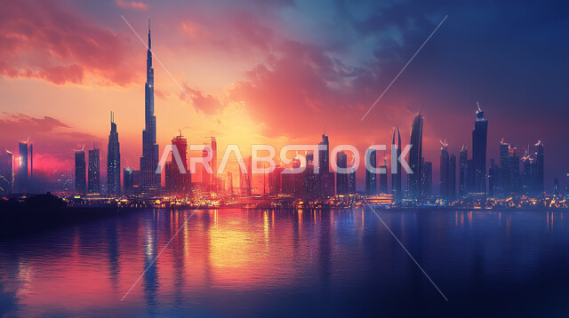 المباني والمنشآت التجارية و السكنية الشاهقة، مفهوم تطوير و تحسين البنية التحتية، التقدم و النمو العمراني, منظر تخيلي للأبراج و ناطحات السحاب في مدينة دبي في وقت الغروب, بناء مستقبل حضاري و متطور, الأماكن السياحية الساحلية في الإمارات العربية المتحدة