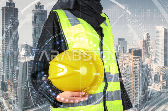 مهندسة معمارية عربية خليجية سعودية محجبة ،  ترتدي بدلة السلامة في العمل ،تحمل بيدها خوذة العمل ،استخدام خاصية الهولجرام ثلاثية الابعاد ، خلفية ابراج وناطحات سحاب