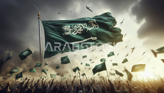 راية التوحيد والإسلام ، مجموعه من أعلام المملكة العربية السعودية الخضراء، ذكرى اليوم الوطني 23 سبتمبر ،الاحتفال بيوم العلم 11 مارس ، مفهوم حب الوطن والانتماء اليه، الاخلاص والولاء للبلاد، خلفية السماء المليئة بالغيوم