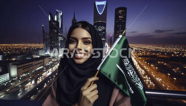 مفهوم الفخر والاعتزاز بإنجازات البلاد، رفع راية التوحيد والسلام، الإحتفال بالمناسبات والاعياد الوطنية، ذكرى اليوم الوطني 23 سبتمبر، صورة مقربة لفتاة  عربية خليجية سعودية محجبه تحمل بيدها علم السعودية، خلفية ابراج الرياض ،  ايماءات وجه تدل على السعاده