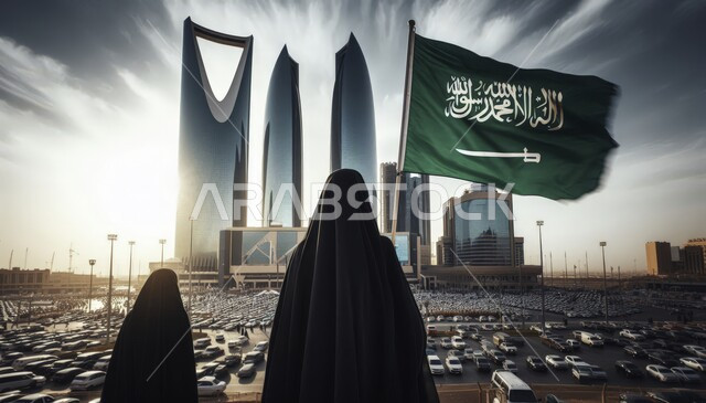 مفهوم حب الوطن والانتماء إليه،  التقدم والنمو العمراني للأبراج وناطحات السحاب، الاحتفال بذكرى العيد الوطني السعودي 23 سبتمبر،  صورة مقربة من الخلف لإمرأة عربية سعودية خليجية محجبه تقف امام ابنتها  ترتدي العباءه تنظر الى المعالم السياحية في مدينة الرياض, , علم يرفرف في سماء المملكة