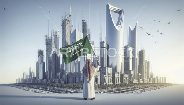 Celebrating Saudi National Day September 23, National Celebrations and Events, Back view of a Gulf Arab man wearing traditional dress and agal holding the Saudi flag looking at famous tourist attractions in Riyadh, Flag Day March 11