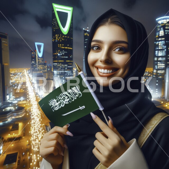 رفع راية التوحيد والسلام، الإحتفال بالمناسبات والاعياد الوطنية، مفهوم الفخر والاعتزاز بإنجازات البلاد، ذكرى اليوم الوطني 23 سبتمبر، صورة مقربة لفتاة محجبه عربية خليجية سعودية تحمل بيدها علم السعودية،  ايماءات وجه تدل على السعاده ، خلفية ابراج الرياض