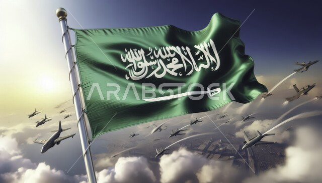 رمز المملكة العربية السعودية، الاحتفال بيوم العلم السعودي 11 مارس،  ذكرى اليوم الوطني 23 سبتمبر، راية التوحيد والإسلام وشعار الهوية الوطنية، صورة مقربة لعلم مرفرف امام الطائرات في السماء المليئه بالغيوم في وقت النهار
