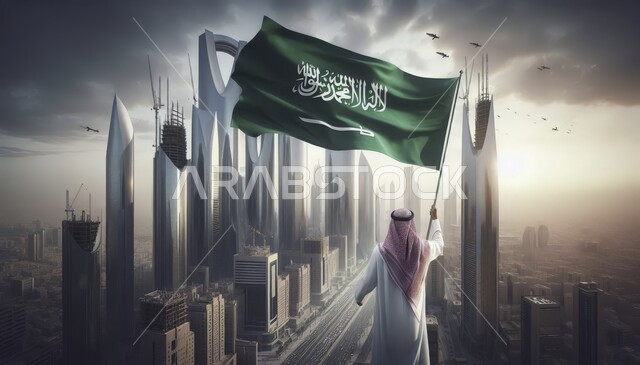 تعزيز مفهوم الوحدة الوطنية, رفع العلم السعودي في السماء بفخر واعتزاز, رجل عربي خليجي سعودي يرتدي الزي التقليدي والشماغ يحمل  راية التوحيد والإسلام ينظر الى المعالم السياحية المشهورة في مدينة الرياض, , المشاركة بذكرى العيد الوطني 23 سبتمبر