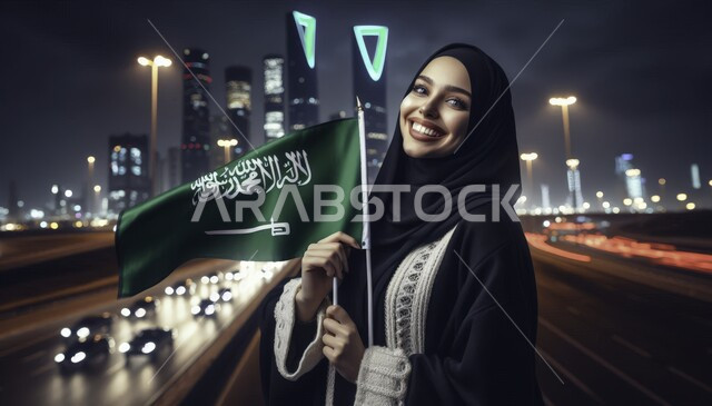 النظر الى الكاميرا بايماءات وجه تدل على السعاده ، مفهوم الفخر والاعتزاز بإنجازات البلاد، رفع راية التوحيد والسلام، الإحتفال بالمناسبات والاعياد الوطنية، ذكرى اليوم الوطني 23 سبتمبر، صورة مقربة لفتاة عربية خليجية سعودية محجبه تحمل بيدها علم السعودية، خلفية ابراج الرياض