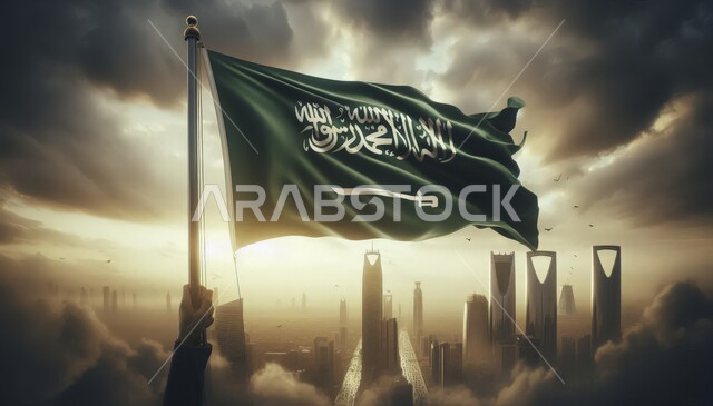 رفع علم المملكة فوق المنشآت التجارية والسكنية في وقت الليل , التطور والنمو العمراني في البلاد، , مفهوم حب الوطن والانتماء اليه، ذكرى اليوم الوطني السعودي 23 سبتمبر، خلفيه السماء المليئه بالغيوم